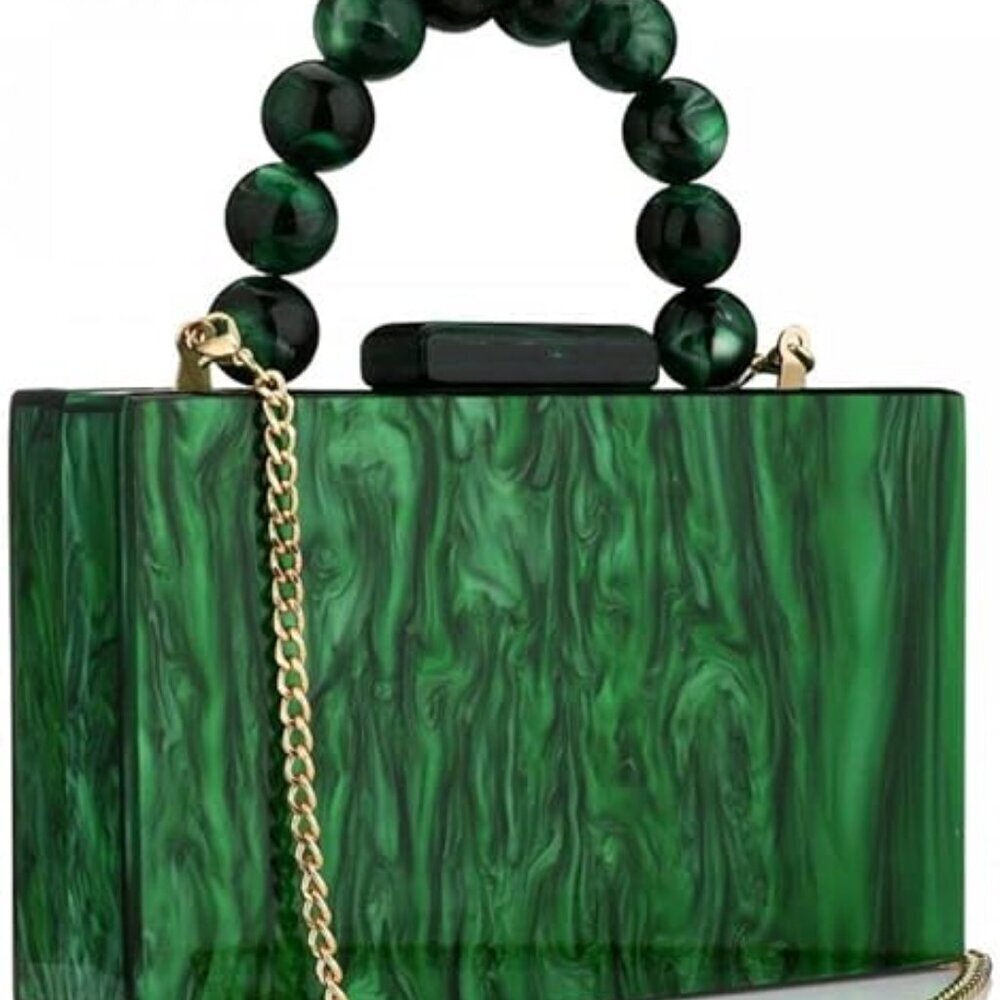Women's Green Acrylic Marbling Clasp Closure Formal Wedding Cross Body Clutch
